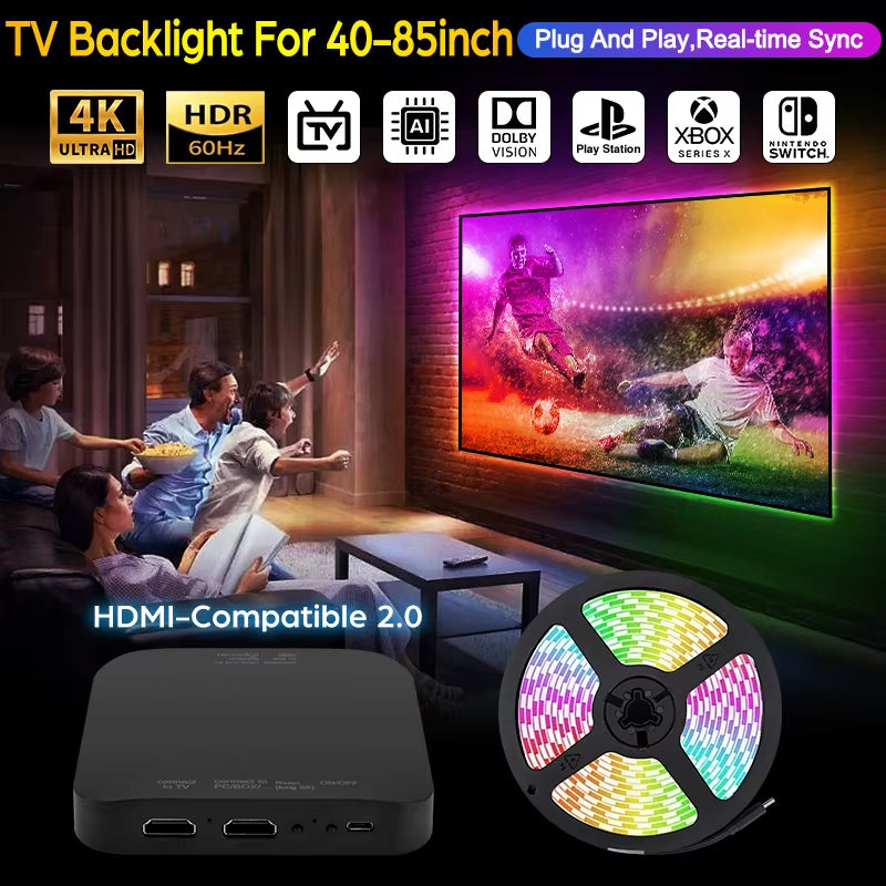 2024 New Ambient TV LED Backlight Sync to Screen for 40-85Inch Real-Time Sync LED Light Strip for 4K Hdmi-Compatible 2.0 Device